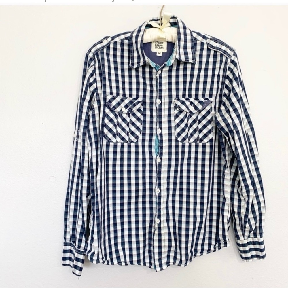 PAPER DEMIN & CLOTH Mens Blue Plaid Roll Tab Sleeve Button Down Shirt Pockets M